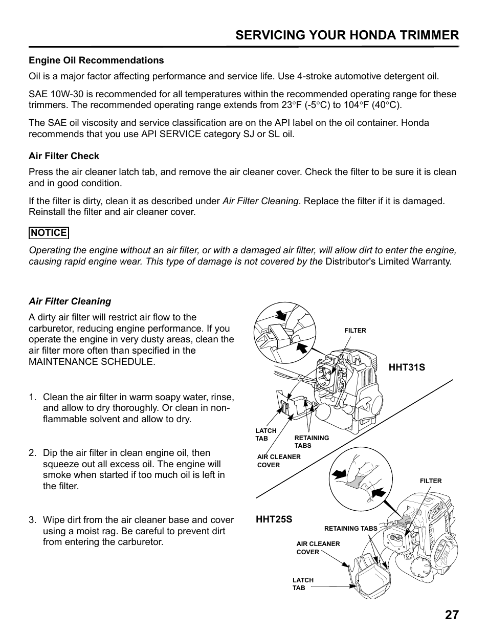 Engine oil recommendations, Air filter check, Servicing your honda trimmer 27 | HONDA HHT31S User Manual | Page 29 / 66