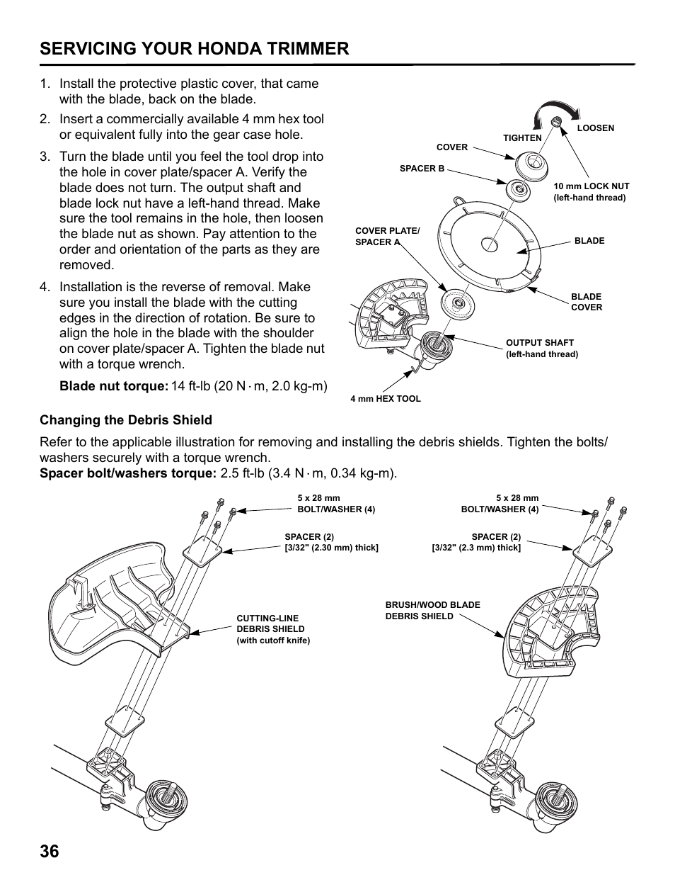 Changing the debris shield, And 36), 36 servicing your honda trimmer | HONDA HHT31S User Manual | Page 38 / 66