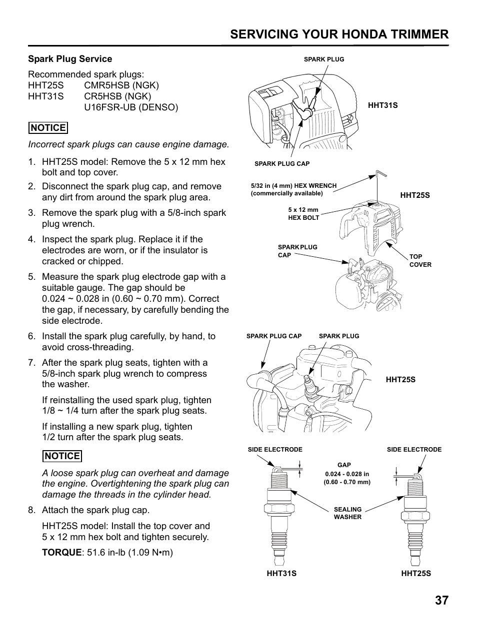 Spark plug service, Servicing your honda trimmer 37 | HONDA HHT31S User Manual | Page 39 / 66