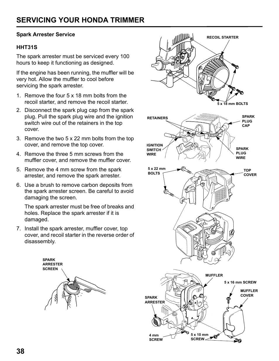 Spark arrester service, 38 servicing your honda trimmer | HONDA HHT31S User Manual | Page 40 / 66