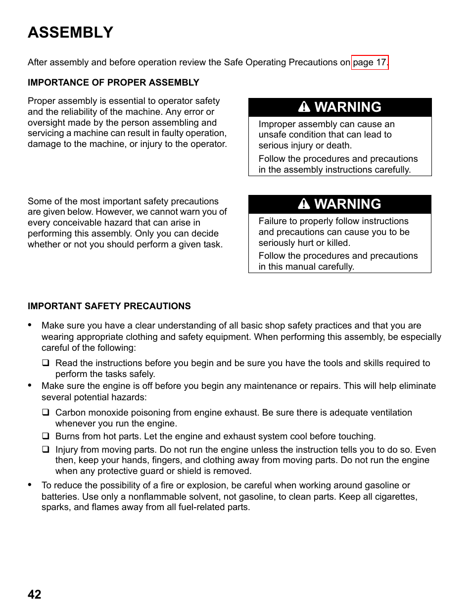 Assembly, Importance of proper assembly, Important safety precautions | Warning | HONDA HHT31S User Manual | Page 44 / 66