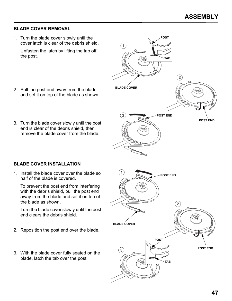Blade cover removal/installation, Assembly 47 | HONDA HHT31S User Manual | Page 49 / 66