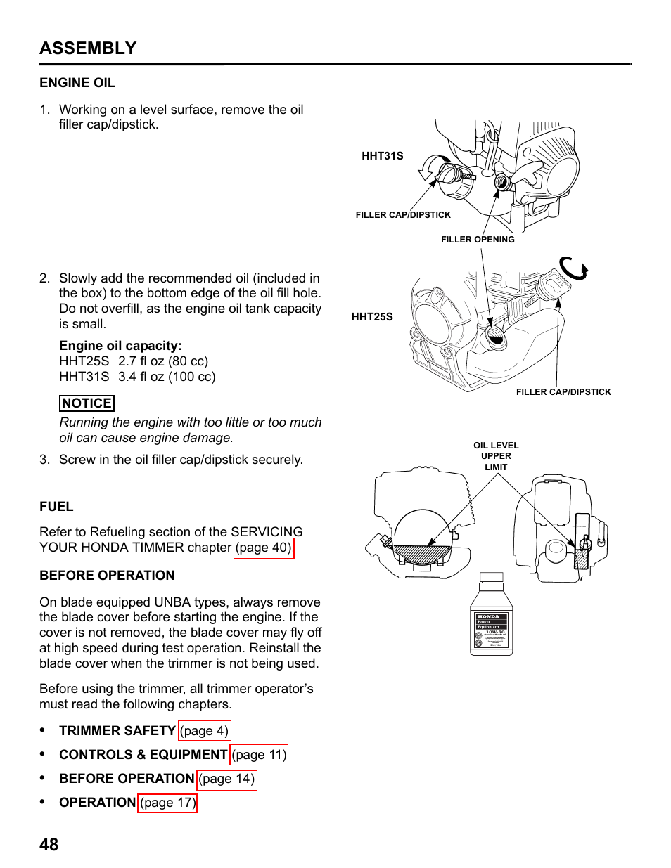 Engine oil, Fuel, Before operation | 48 assembly | HONDA HHT31S User Manual | Page 50 / 66