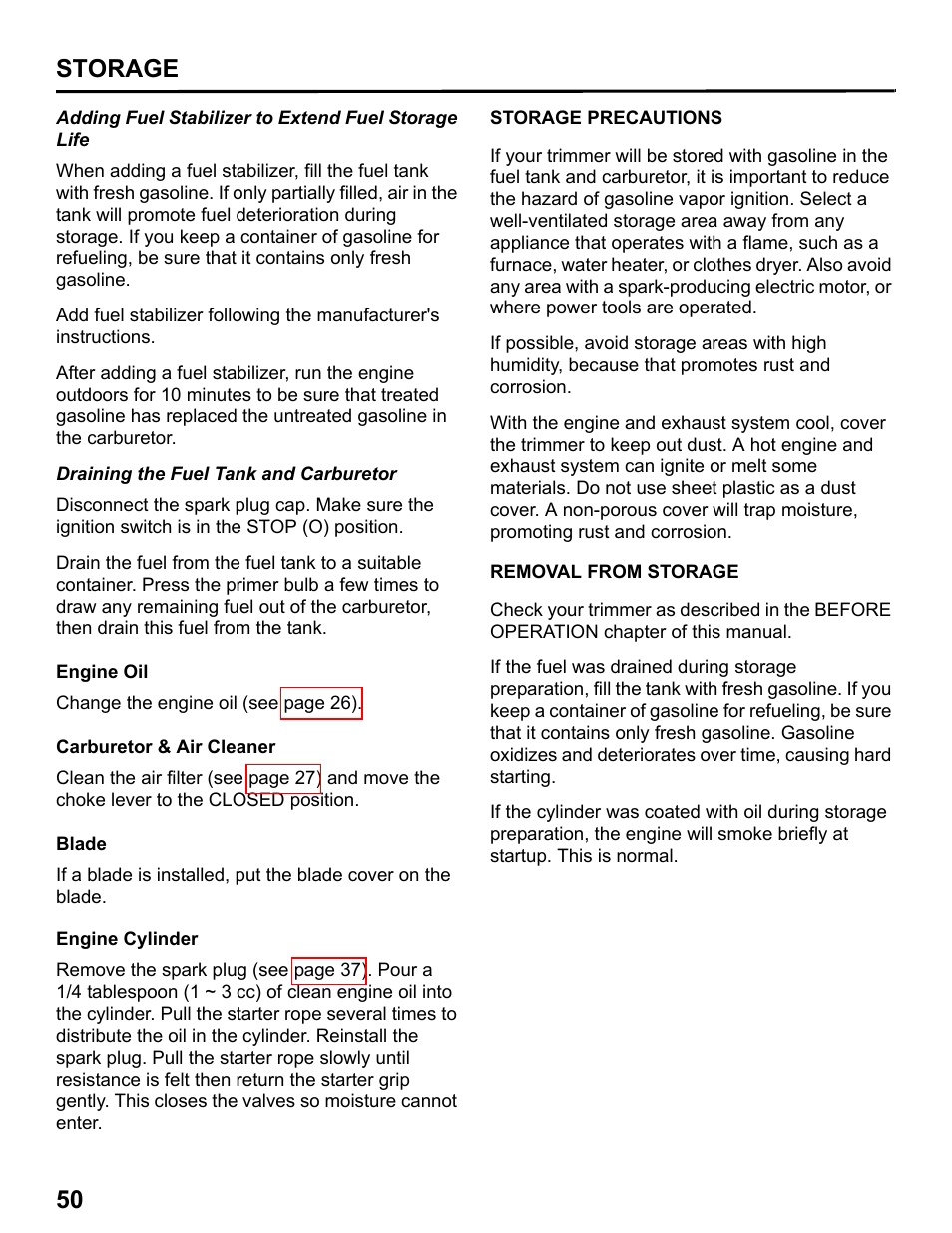 Storage precautions, Removal from storage, 50 storage | HONDA HHT31S User Manual | Page 52 / 66