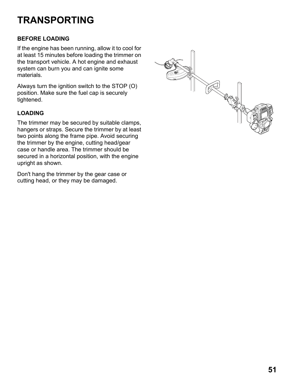 Transporting, Before loading, Loading | HONDA HHT31S User Manual | Page 53 / 66