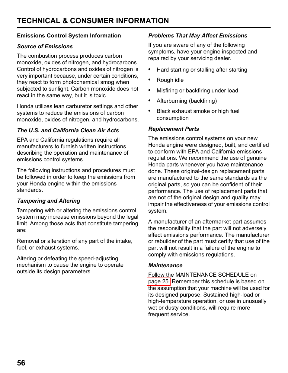 Emissions control system information, 56 technical & consumer information | HONDA HHT31S User Manual | Page 58 / 66
