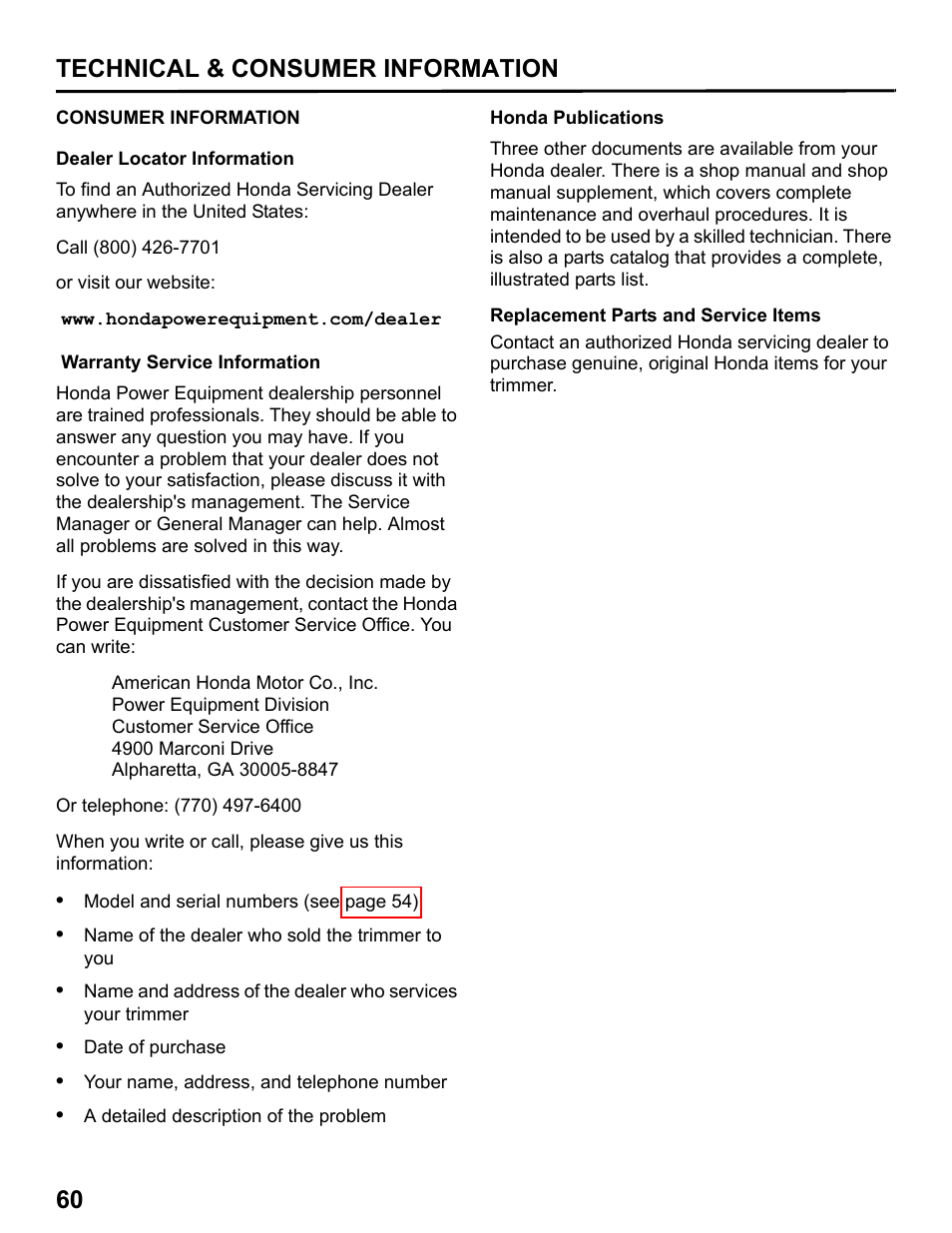 Consumer information, 60 technical & consumer information | HONDA HHT31S User Manual | Page 62 / 66