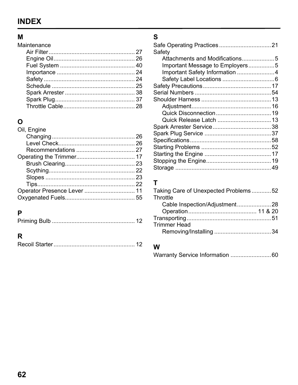 62 index | HONDA HHT31S User Manual | Page 64 / 66