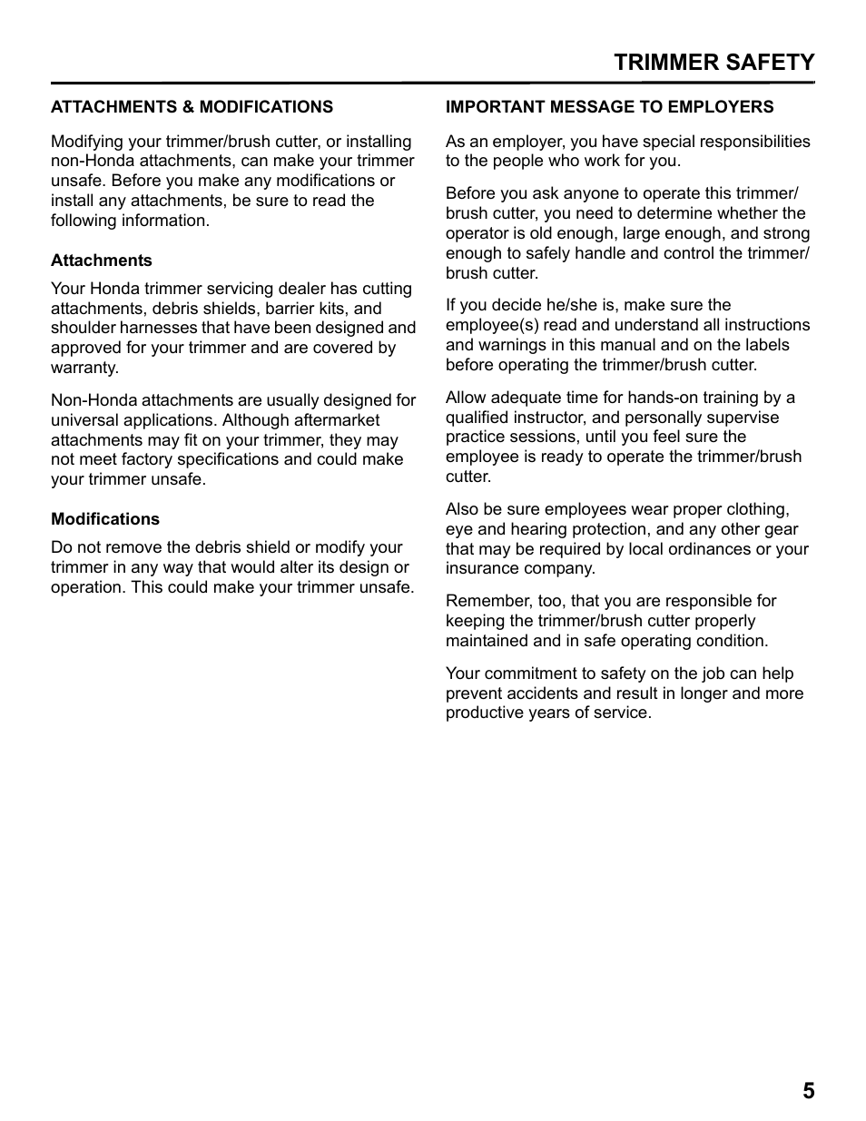 Attachments & modifications, Important message to employers, Trimmer safety 5 | HONDA HHT31S User Manual | Page 7 / 66