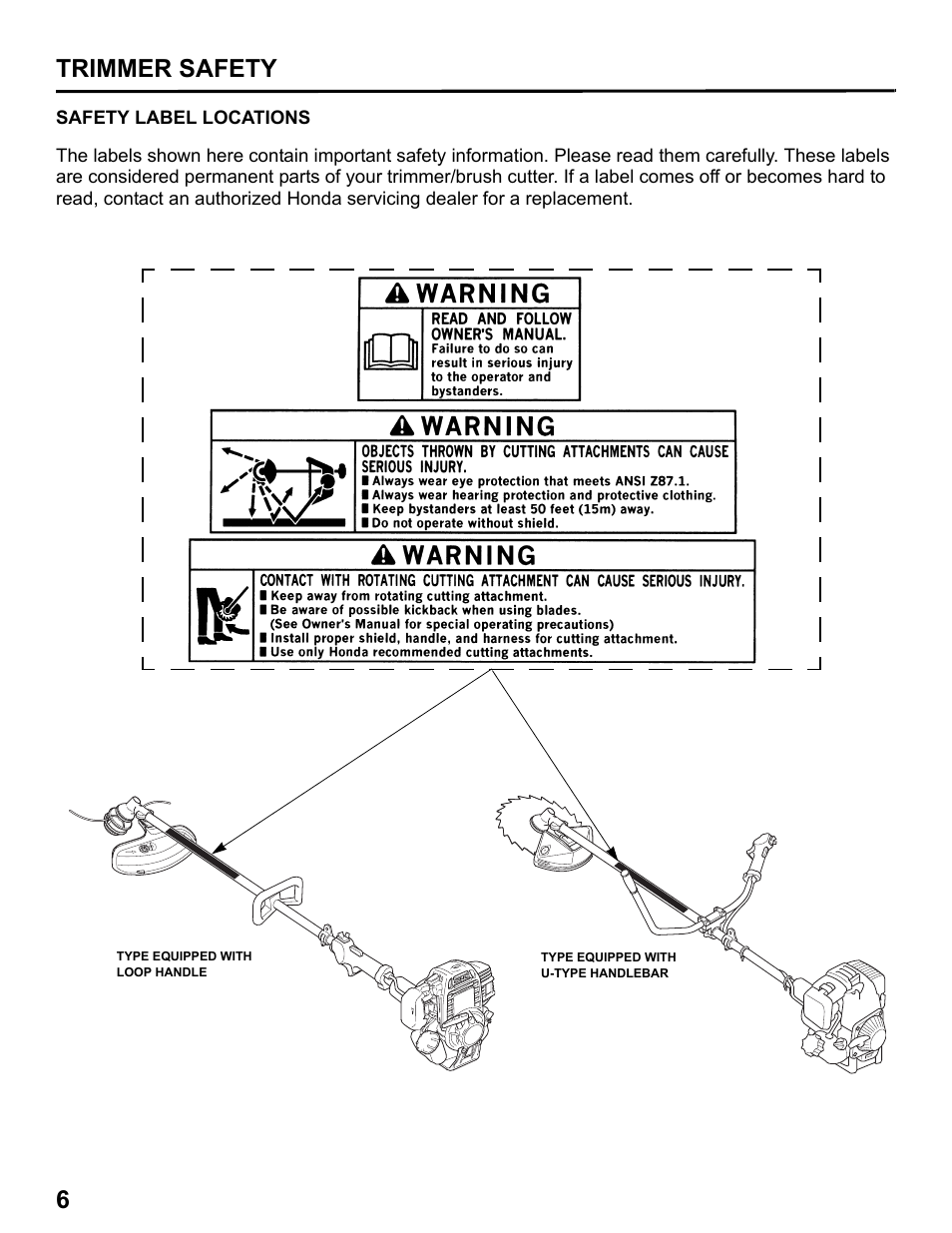 Safety label locations, 6trimmer safety | HONDA HHT31S User Manual | Page 8 / 66