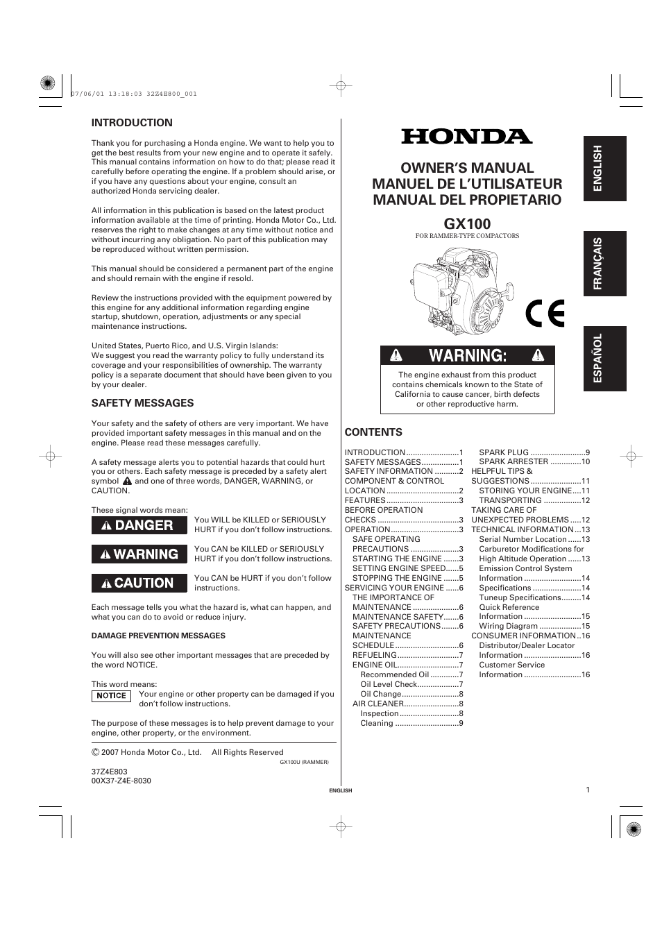 HONDA Honda Engine GX100 User Manual | 16 pages
