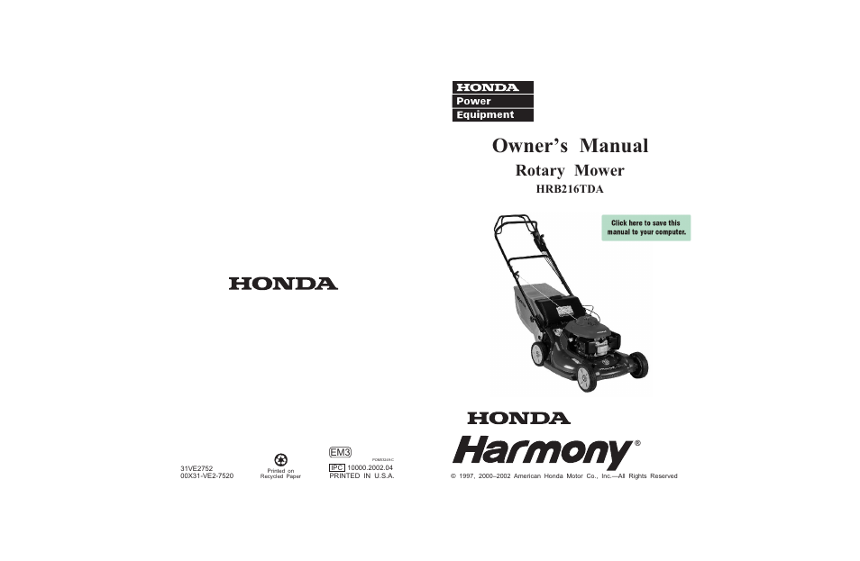 HONDA HARMONY HRB216TDA User Manual | 74 pages