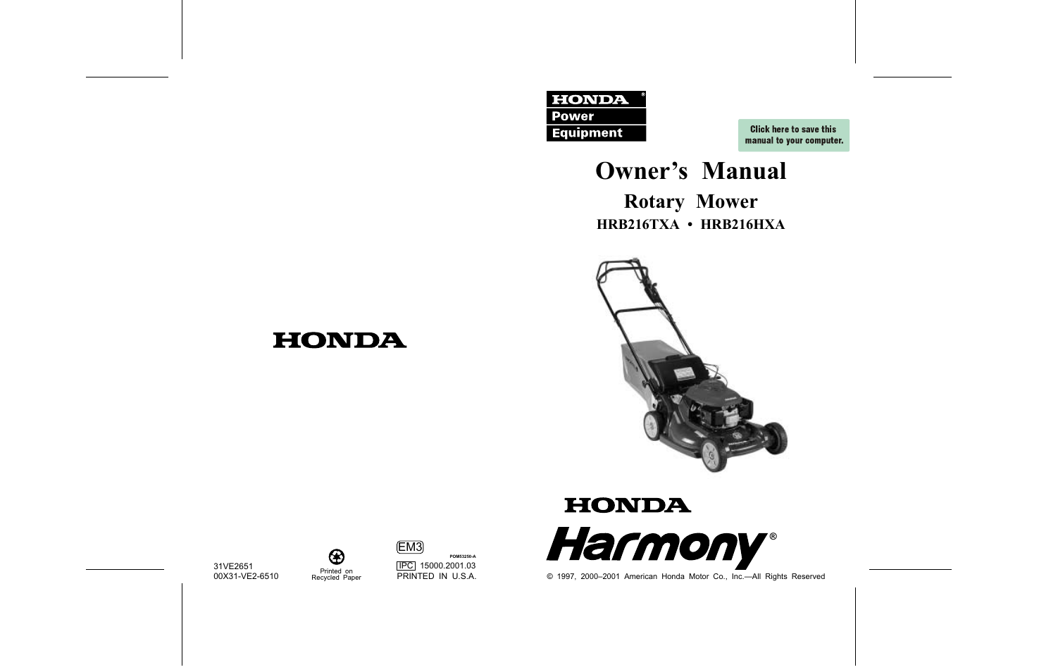 HONDA Harmony HRB216TXA User Manual | 76 pages