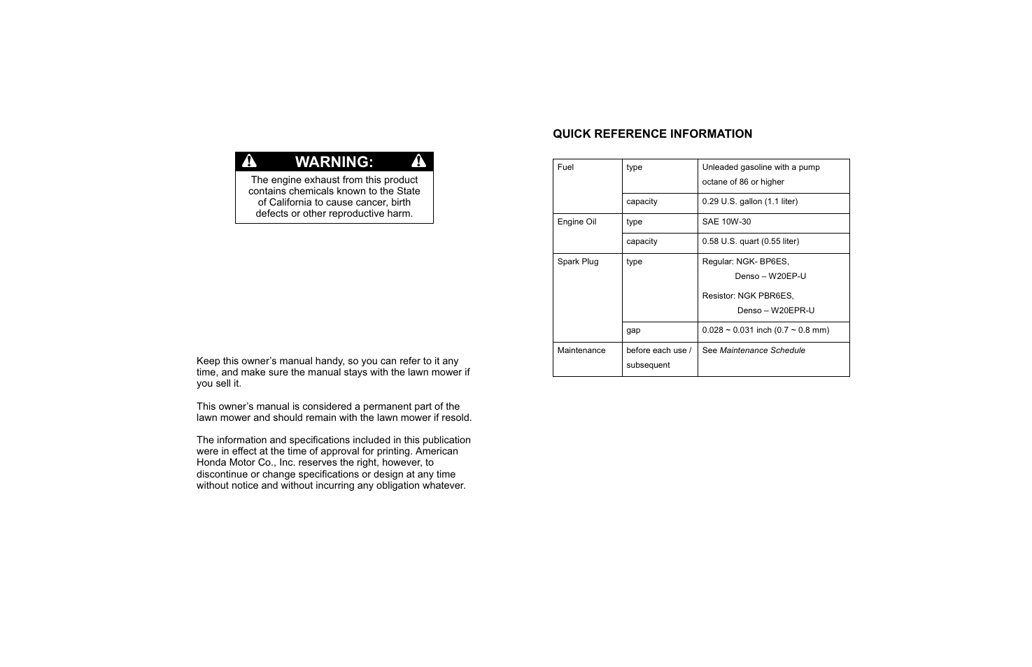 Bwarning, Quick reference information | HONDA Harmony HRB216TXA User Manual | Page 2 / 76