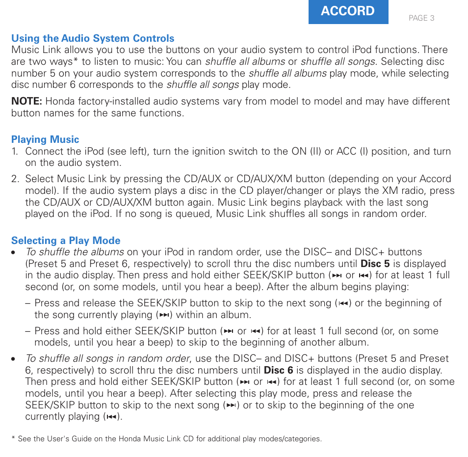 Accord | HONDA Music Link User Manual | Page 3 / 12