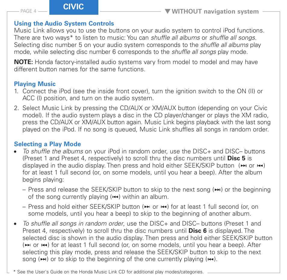 Civic | HONDA Music Link User Manual | Page 4 / 12