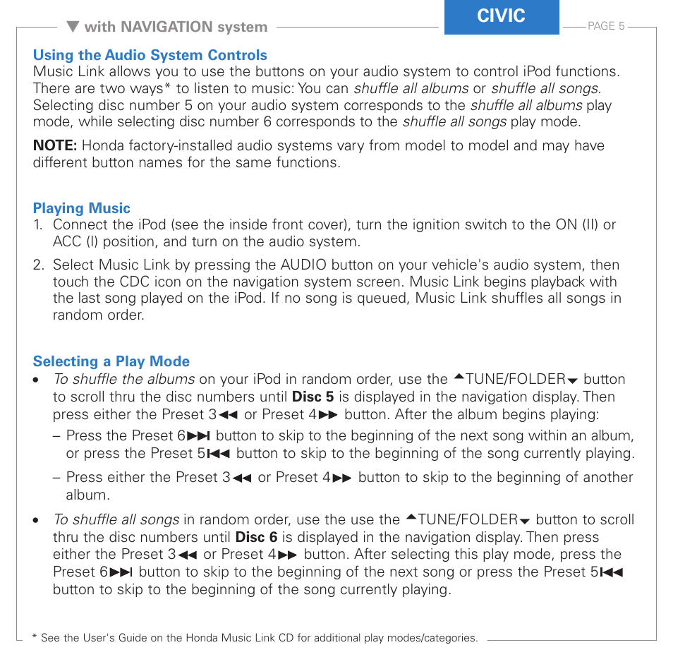 Civic | HONDA Music Link User Manual | Page 5 / 12