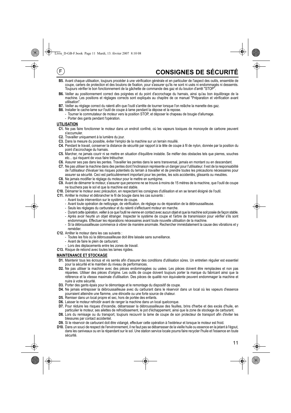 Consignes de sécurité | HONDA UMK435E User Manual | Page 11 / 67