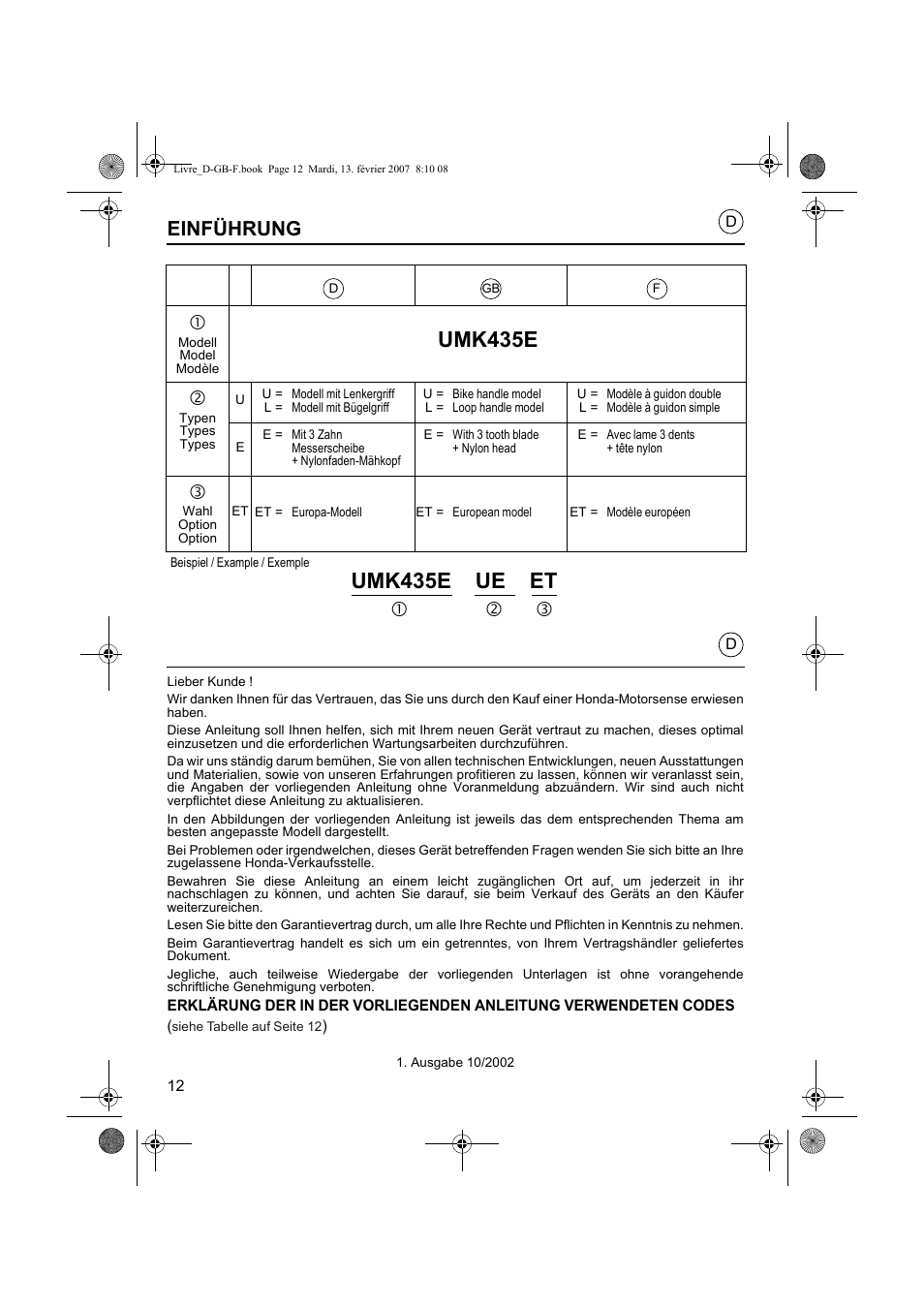 Umk435e ue et, Umk435e, Einführung | Cd e c | HONDA UMK435E User Manual | Page 12 / 67