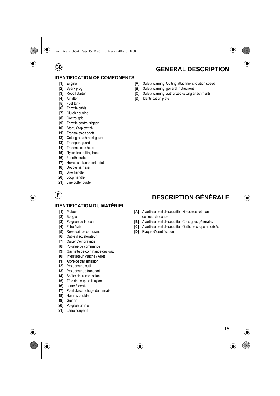 Description générale, General description | HONDA UMK435E User Manual | Page 15 / 67