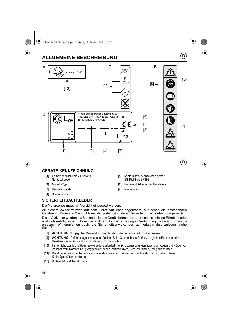 Allgemeine beschreibung | HONDA UMK435E User Manual | Page 16 / 67