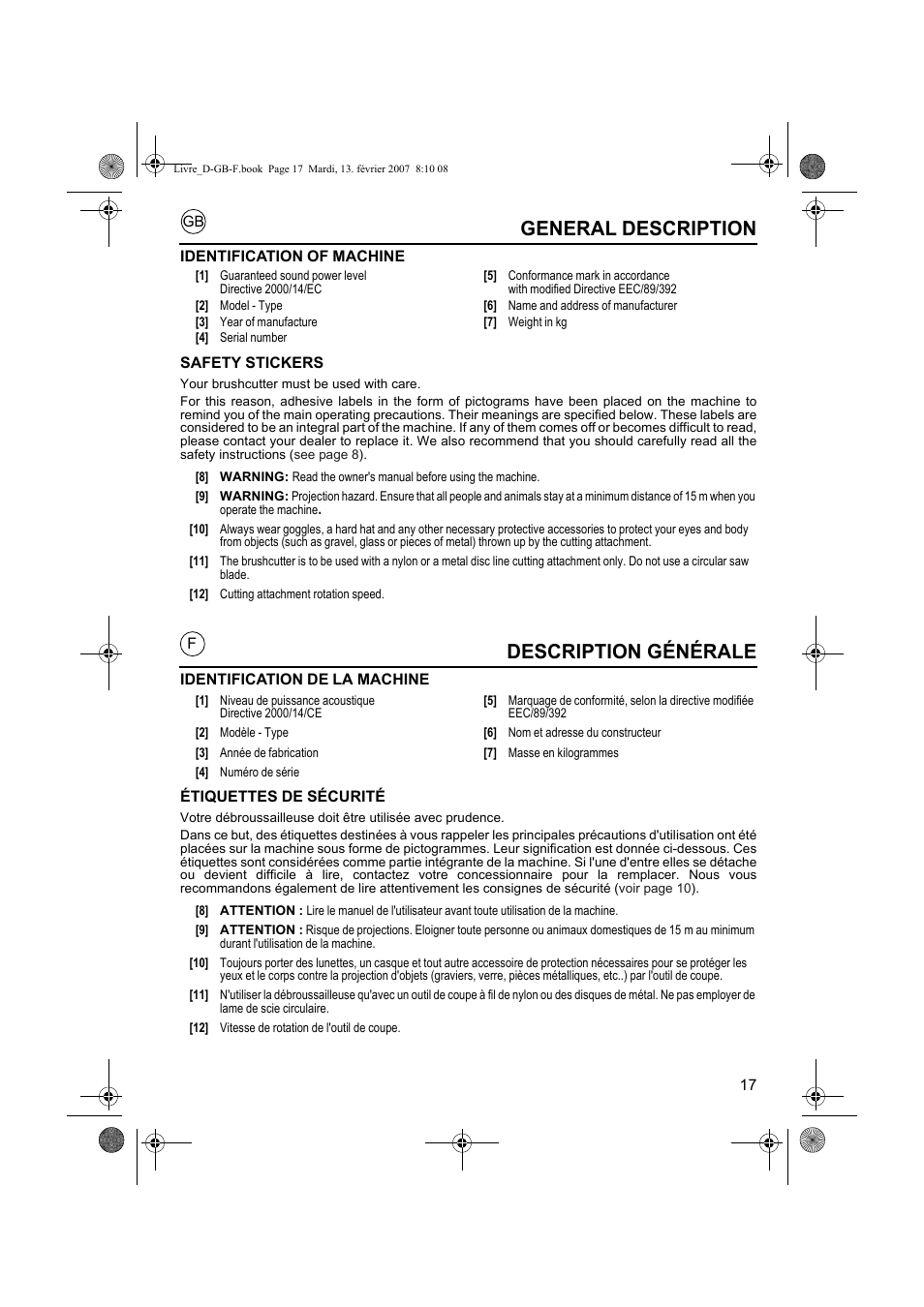 Description générale, General description | HONDA UMK435E User Manual | Page 17 / 67