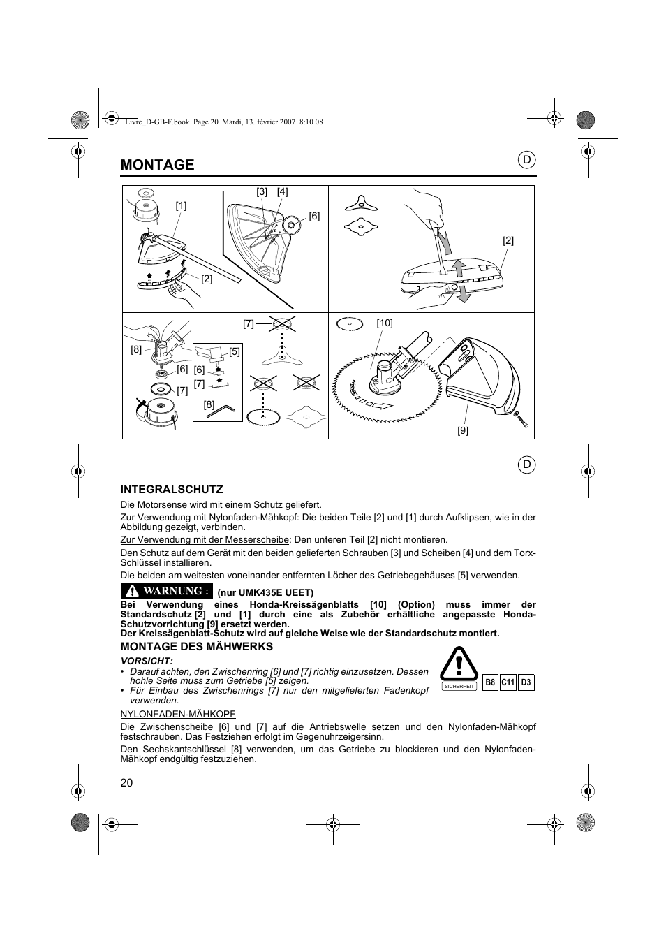 Montage | HONDA UMK435E User Manual | Page 20 / 67
