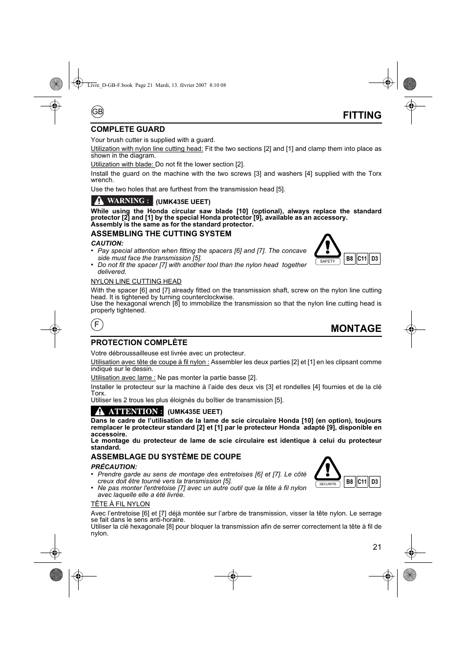 Montage, Fitting | HONDA UMK435E User Manual | Page 21 / 67