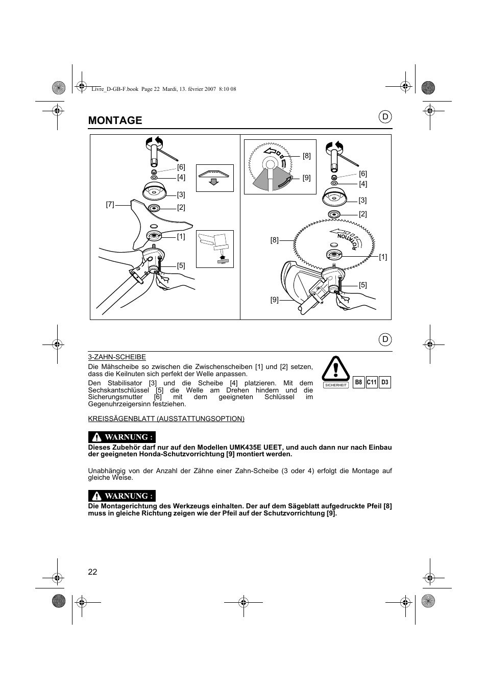 Montage | HONDA UMK435E User Manual | Page 22 / 67