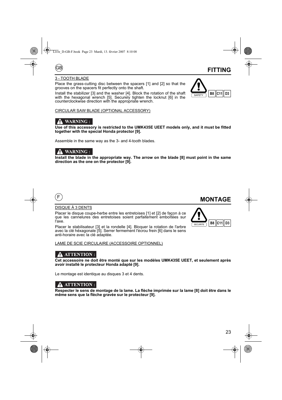 Montage, Fitting | HONDA UMK435E User Manual | Page 23 / 67