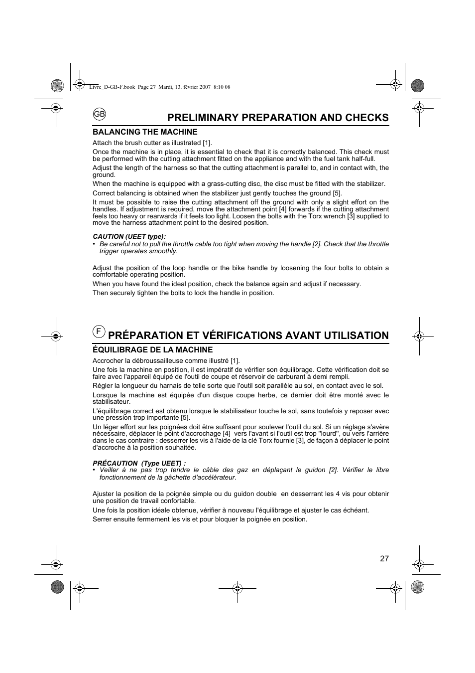 Préparation et vérifications avant utilisation, Preliminary preparation and checks | HONDA UMK435E User Manual | Page 27 / 67