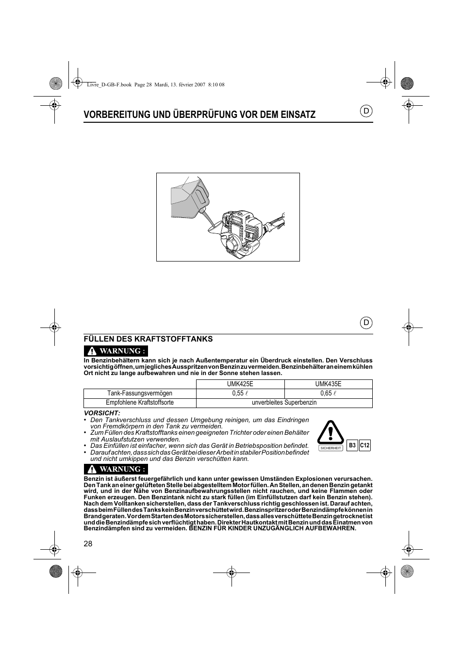 Vorbereitung und überprüfung vor dem einsatz | HONDA UMK435E User Manual | Page 28 / 67