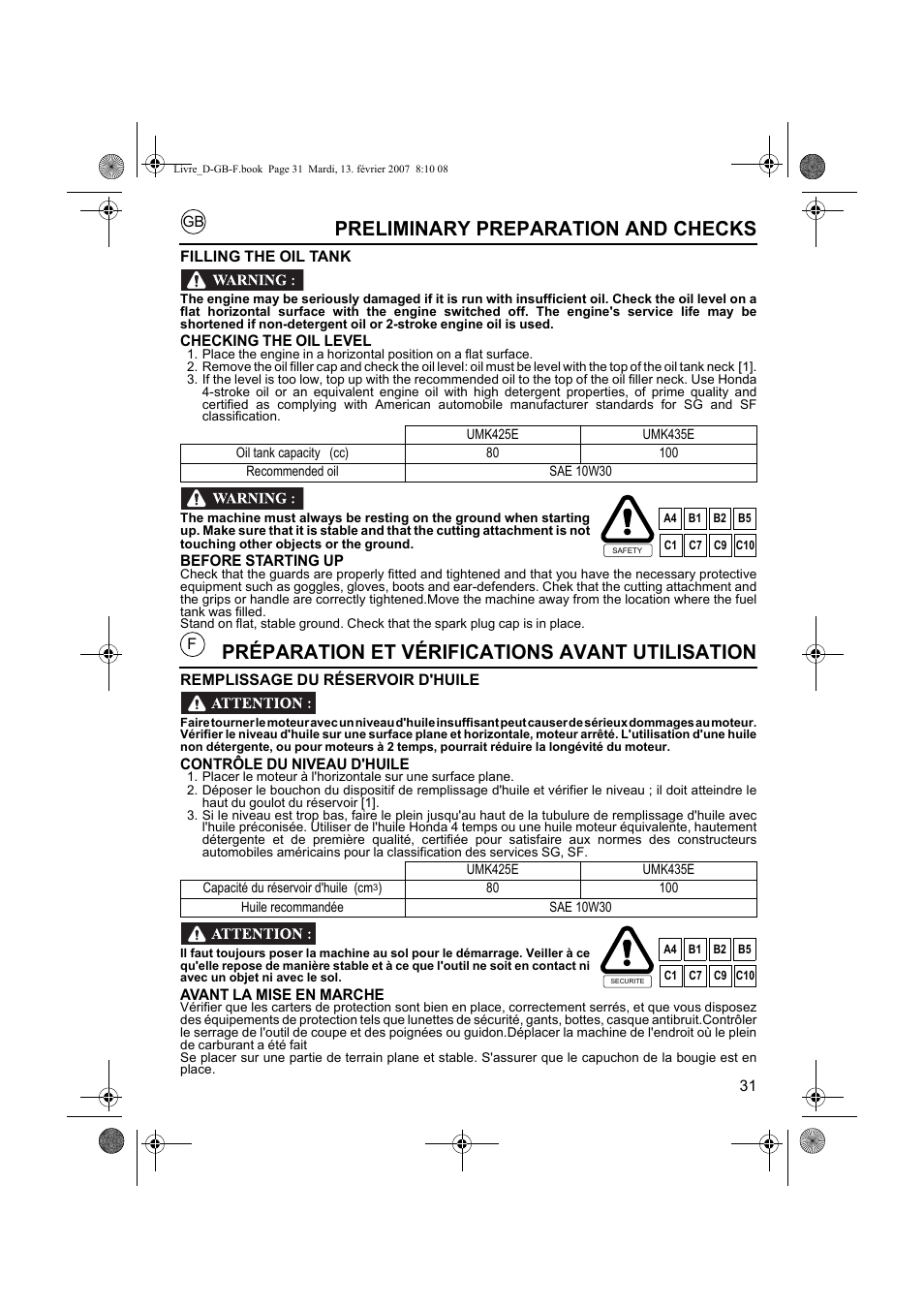 Préparation et vérifications avant utilisation, Preliminary preparation and checks | HONDA UMK435E User Manual | Page 31 / 67