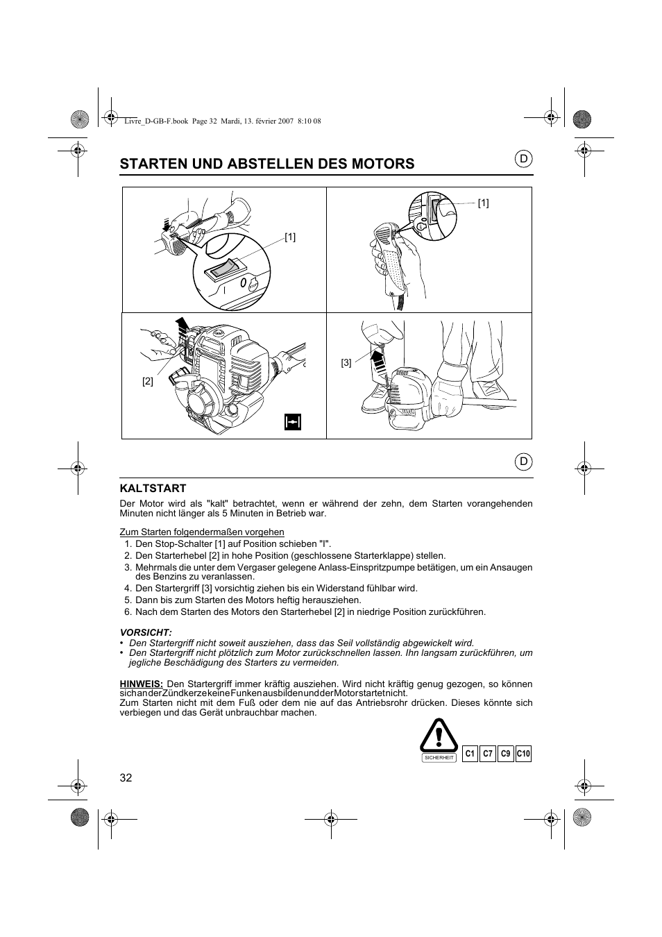 Starten und abstellen des motors, Kaltstart | HONDA UMK435E User Manual | Page 32 / 67
