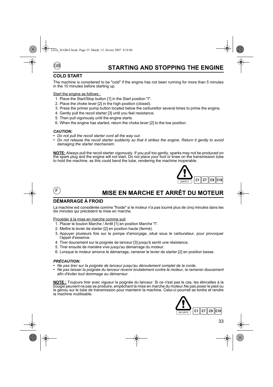 Mise en marche et arrêt du moteur, Starting and stopping the engine | HONDA UMK435E User Manual | Page 33 / 67