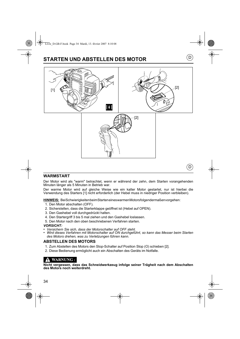 Starten und abstellen des motor, Warmstart, Abstellen des motors | HONDA UMK435E User Manual | Page 34 / 67