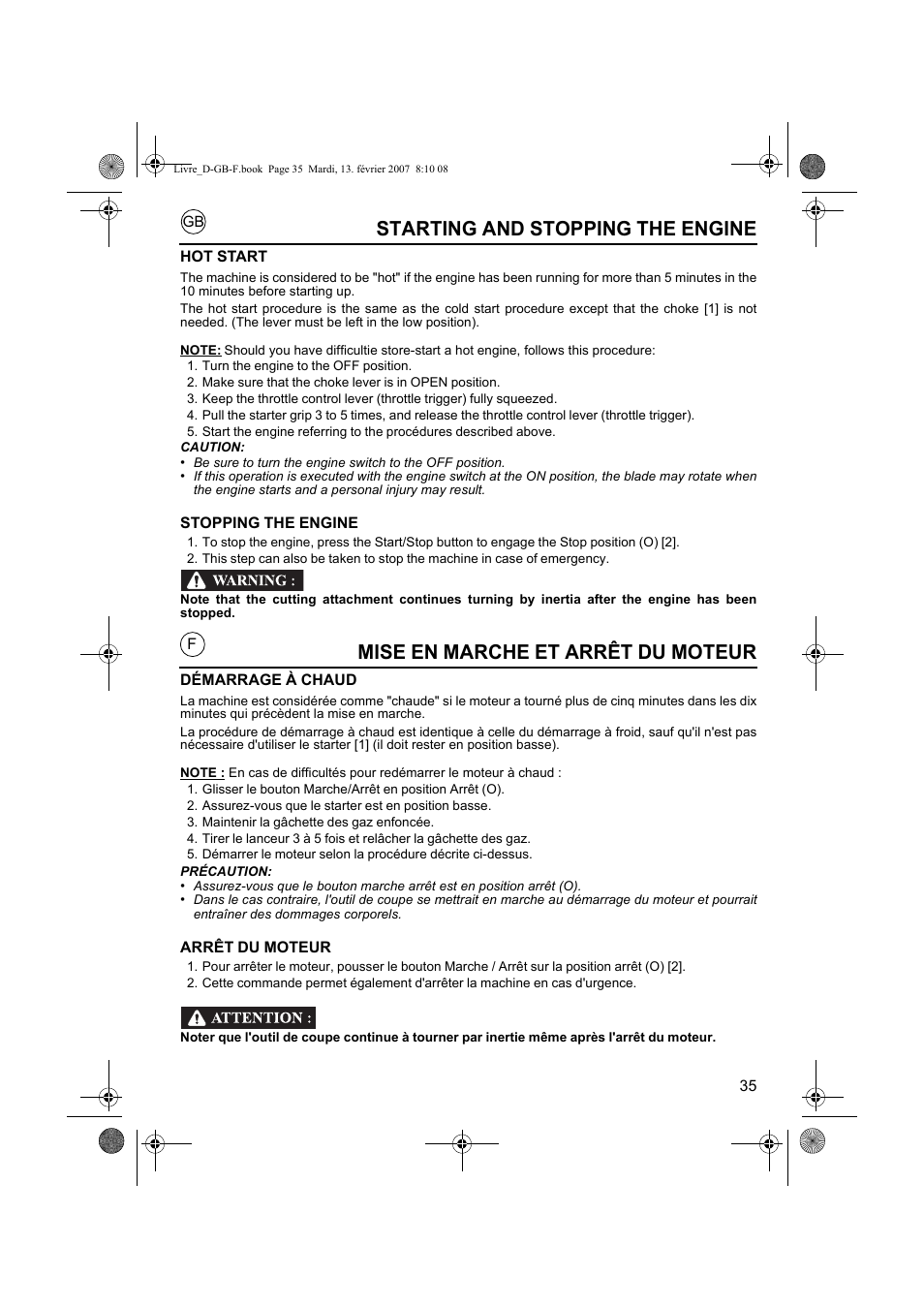 Mise en marche et arrêt du moteur, Starting and stopping the engine | HONDA UMK435E User Manual | Page 35 / 67