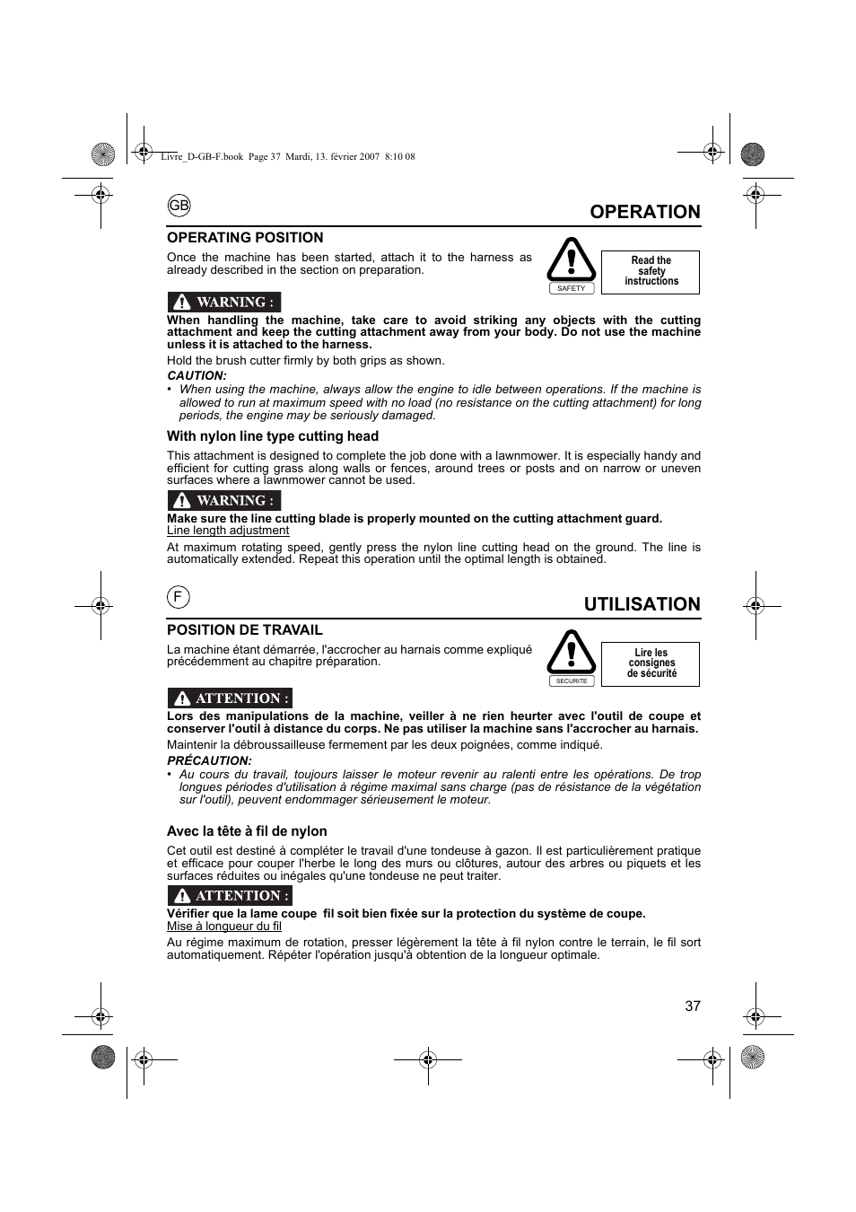 Utilisation, Operation | HONDA UMK435E User Manual | Page 37 / 67