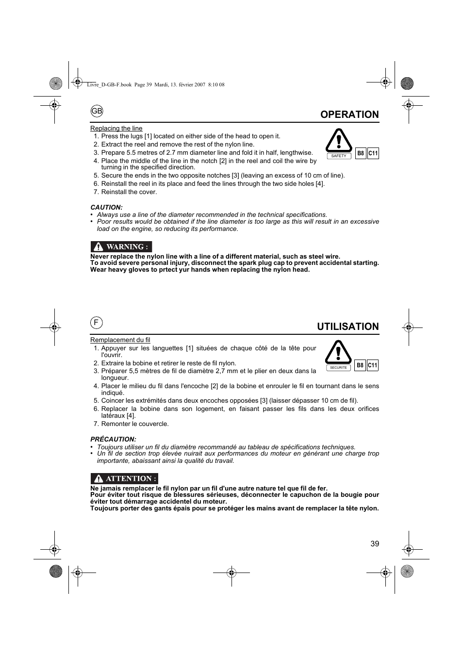Utilisation, Operation | HONDA UMK435E User Manual | Page 39 / 67