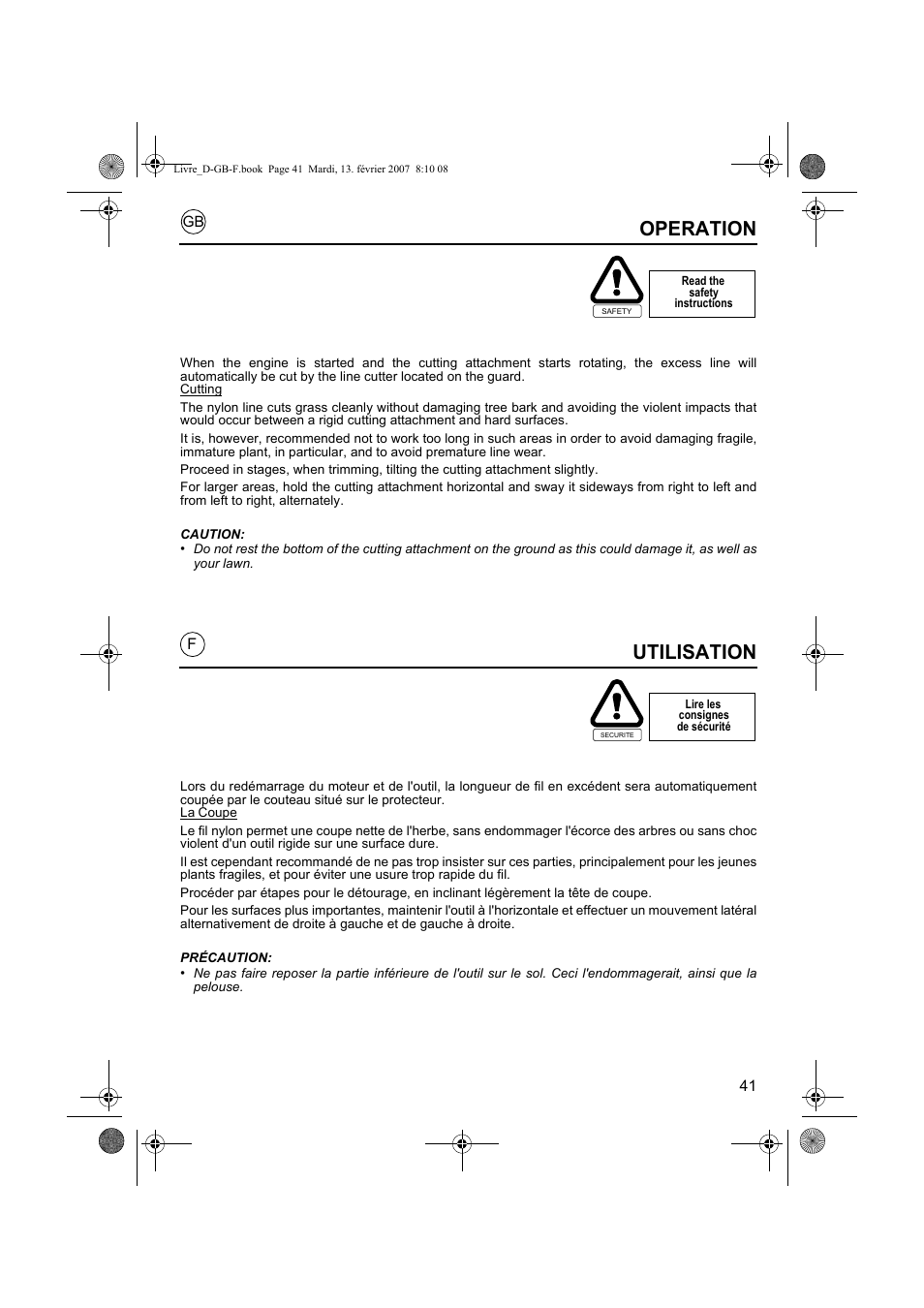 Utilisation, Operation | HONDA UMK435E User Manual | Page 41 / 67