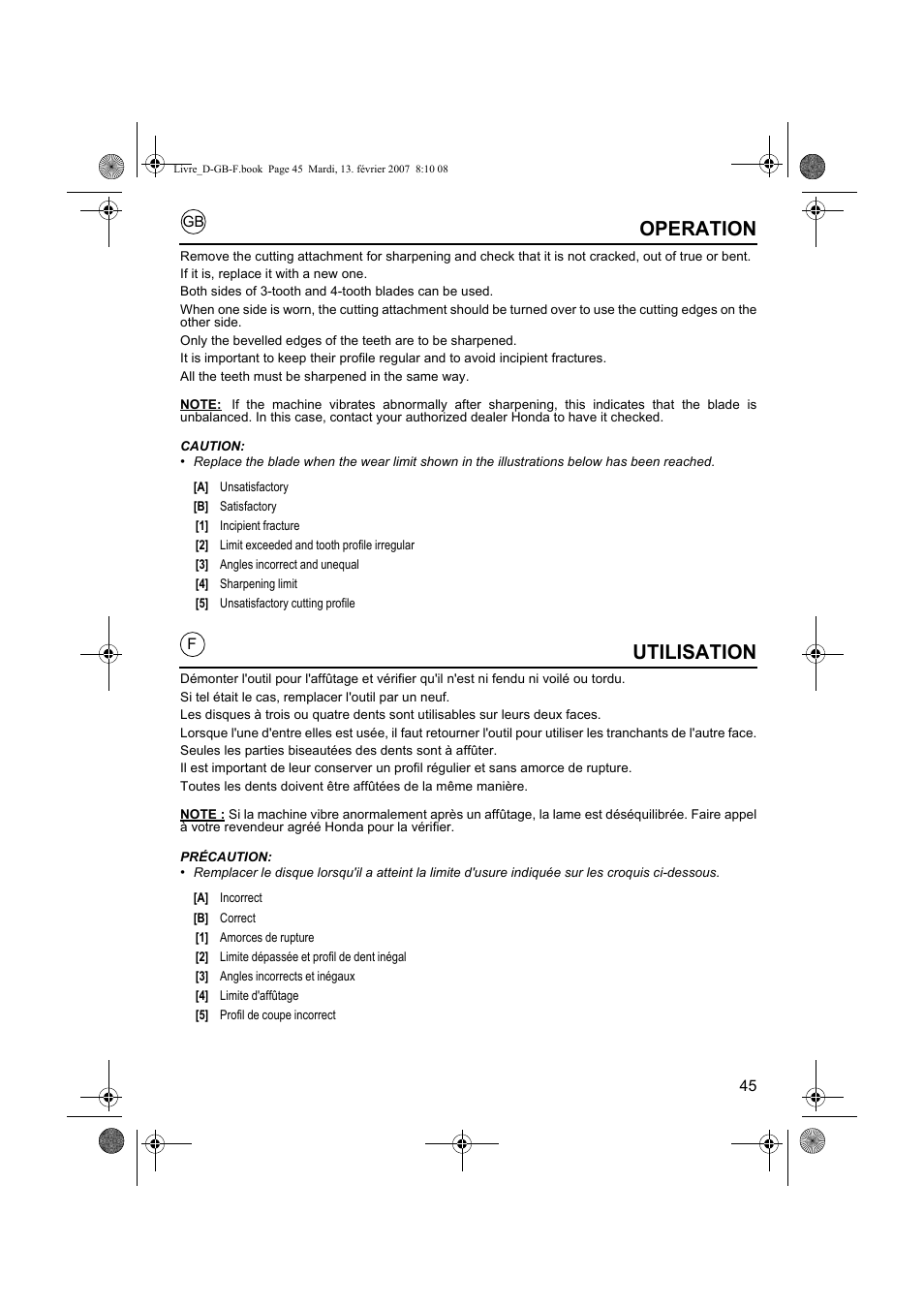 Utilisation, Operation | HONDA UMK435E User Manual | Page 45 / 67