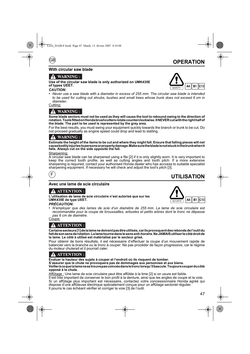 Utilisation, Operation | HONDA UMK435E User Manual | Page 47 / 67