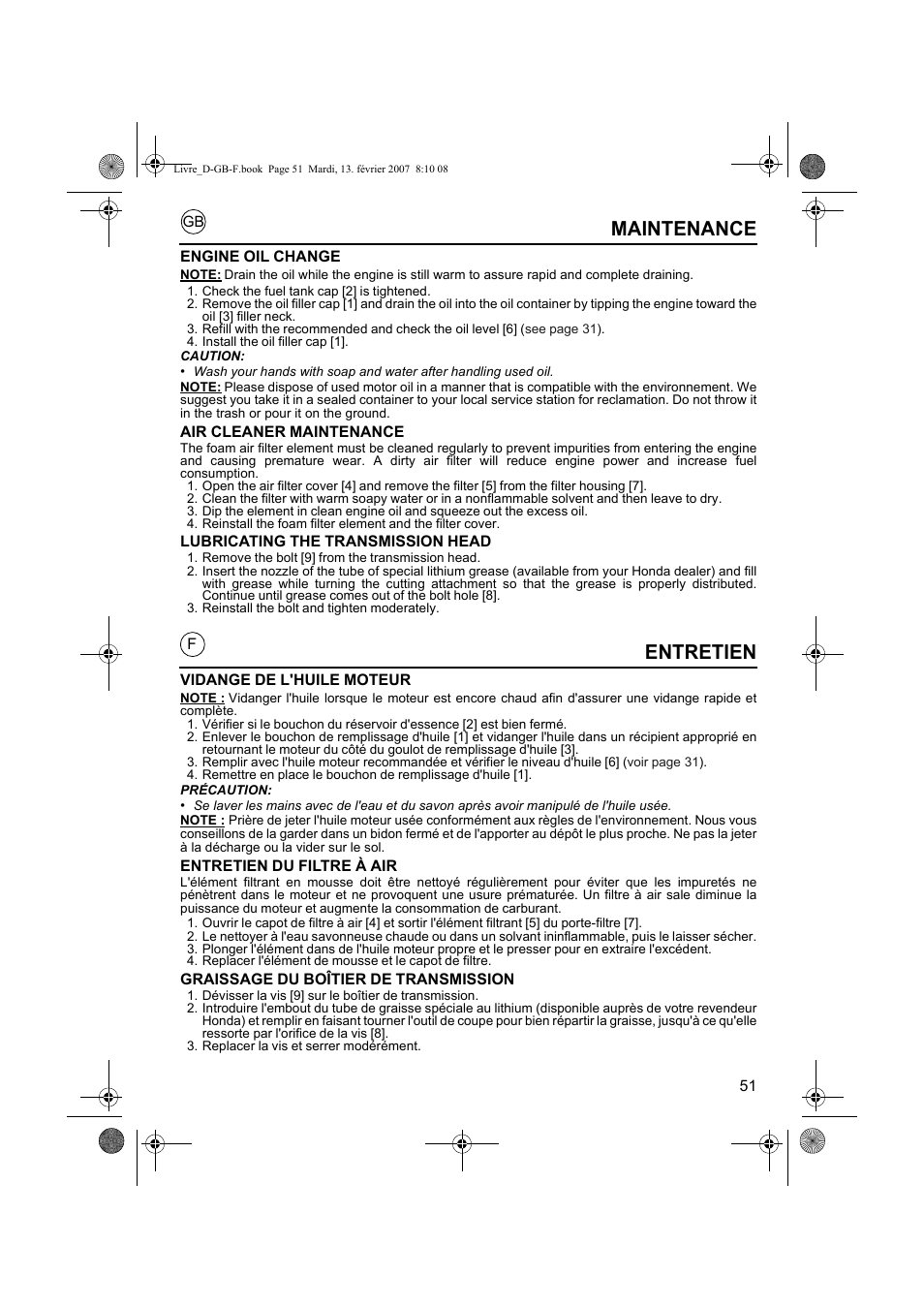 Entretien, Maintenance | HONDA UMK435E User Manual | Page 51 / 67