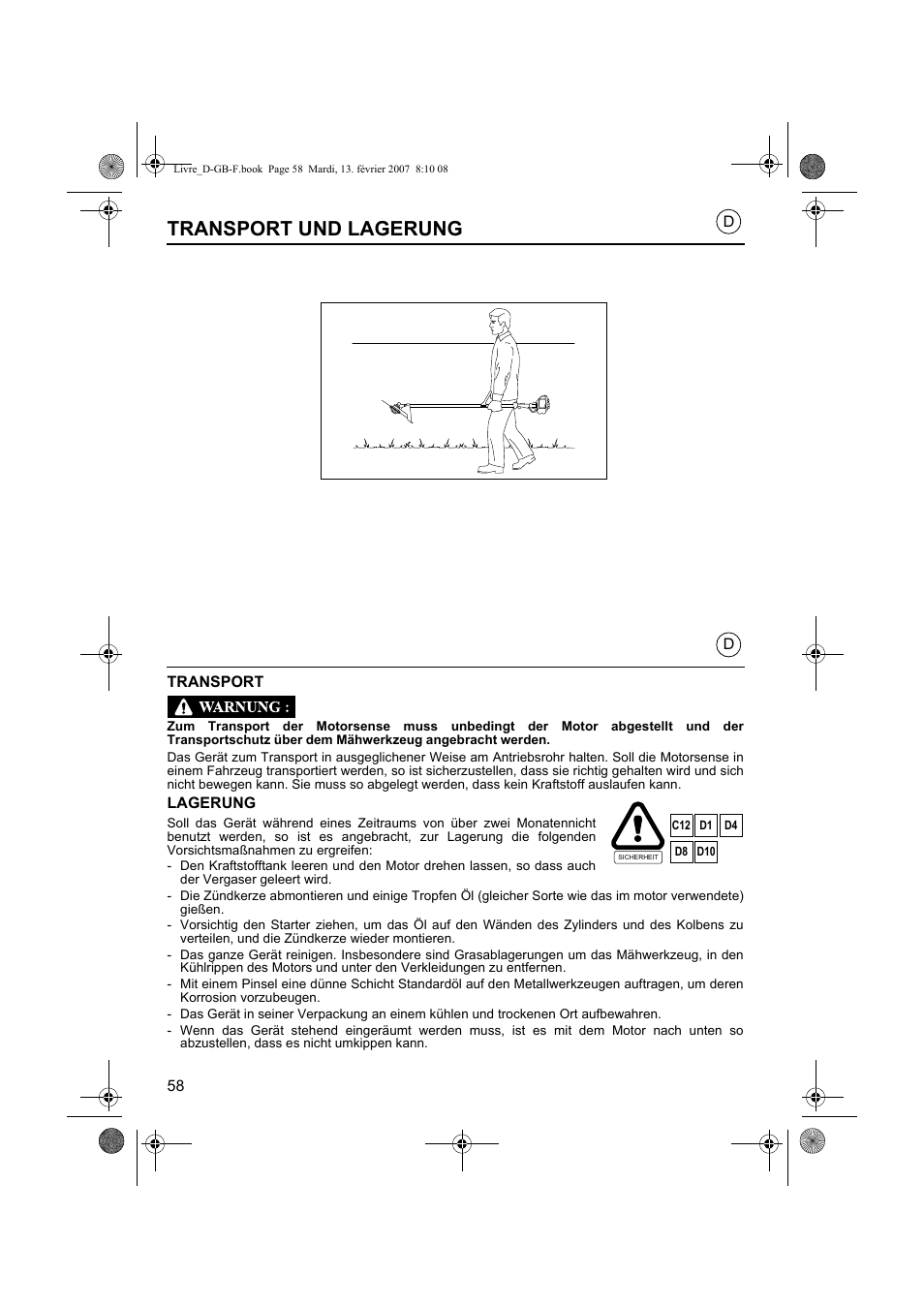 Transport und lagerung | HONDA UMK435E User Manual | Page 58 / 67