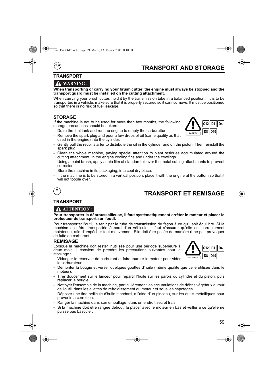 Transport et remisage, Transport and storage | HONDA UMK435E User Manual | Page 59 / 67