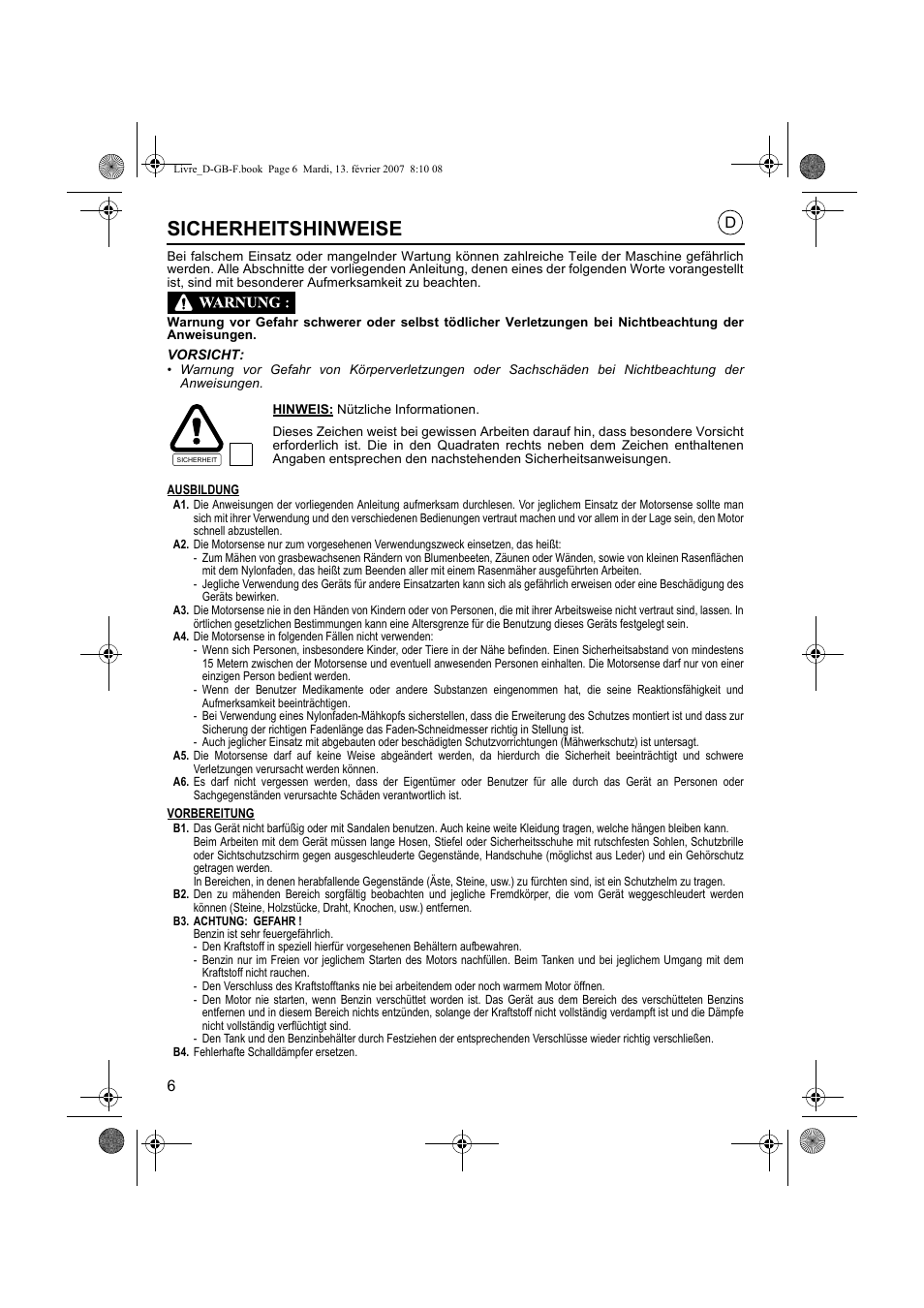 Sicherheitshinweise | HONDA UMK435E User Manual | Page 6 / 67