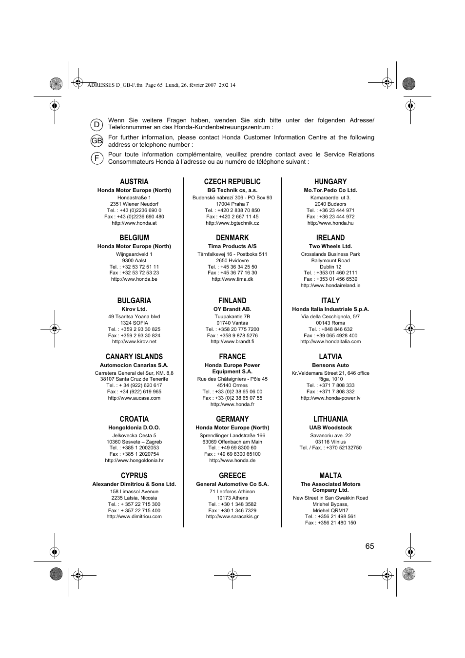 65 austria, Belgium, Bulgaria | Canary islands, Croatia, Cyprus, Czech republic, Denmark, Finland, France | HONDA UMK435E User Manual | Page 65 / 67