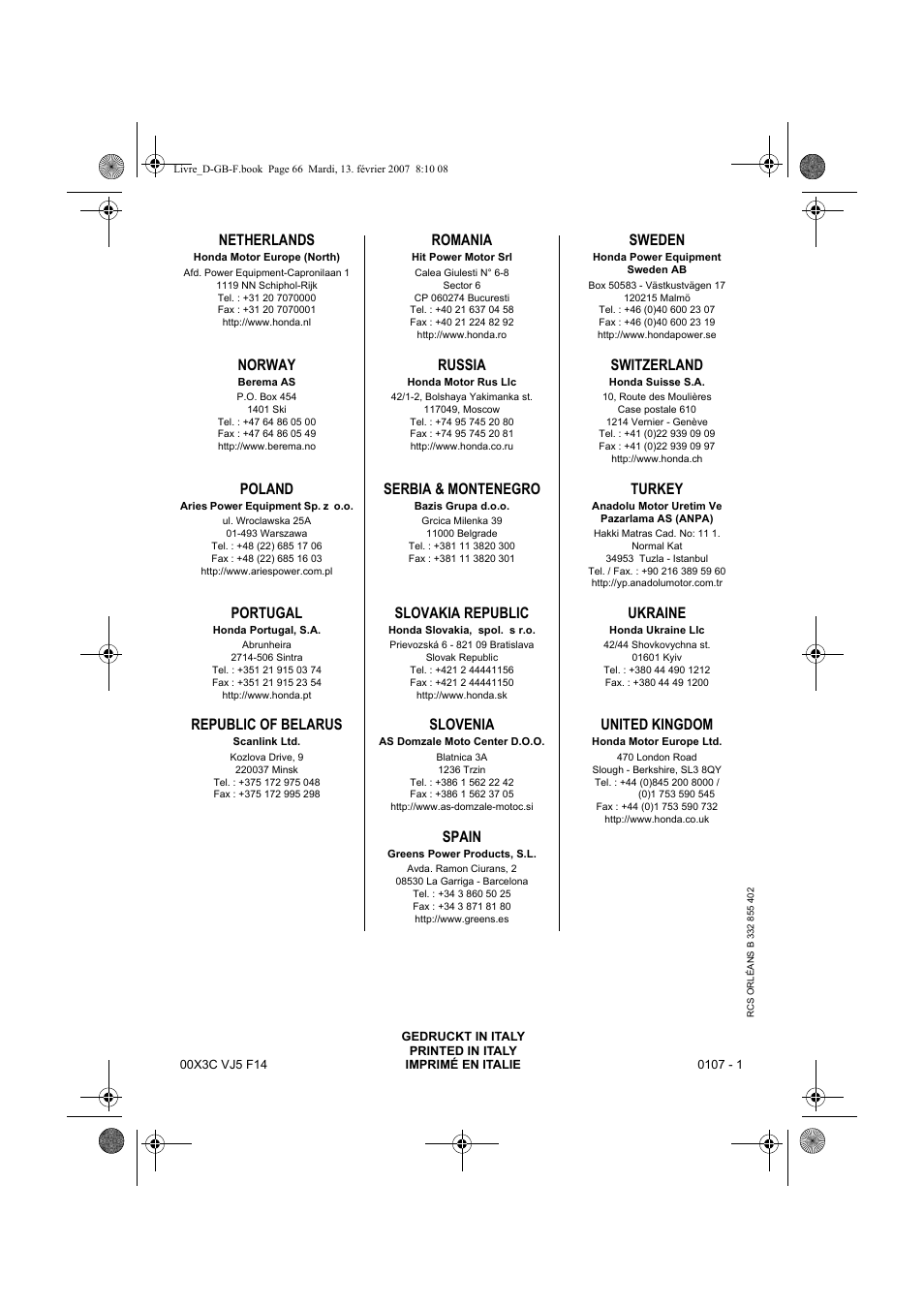 Netherlands, Norway, Poland | Portugal, Republic of belarus, Romania, Russia, Serbia & montenegro, Slovakia republic, Slovenia | HONDA UMK435E User Manual | Page 66 / 67
