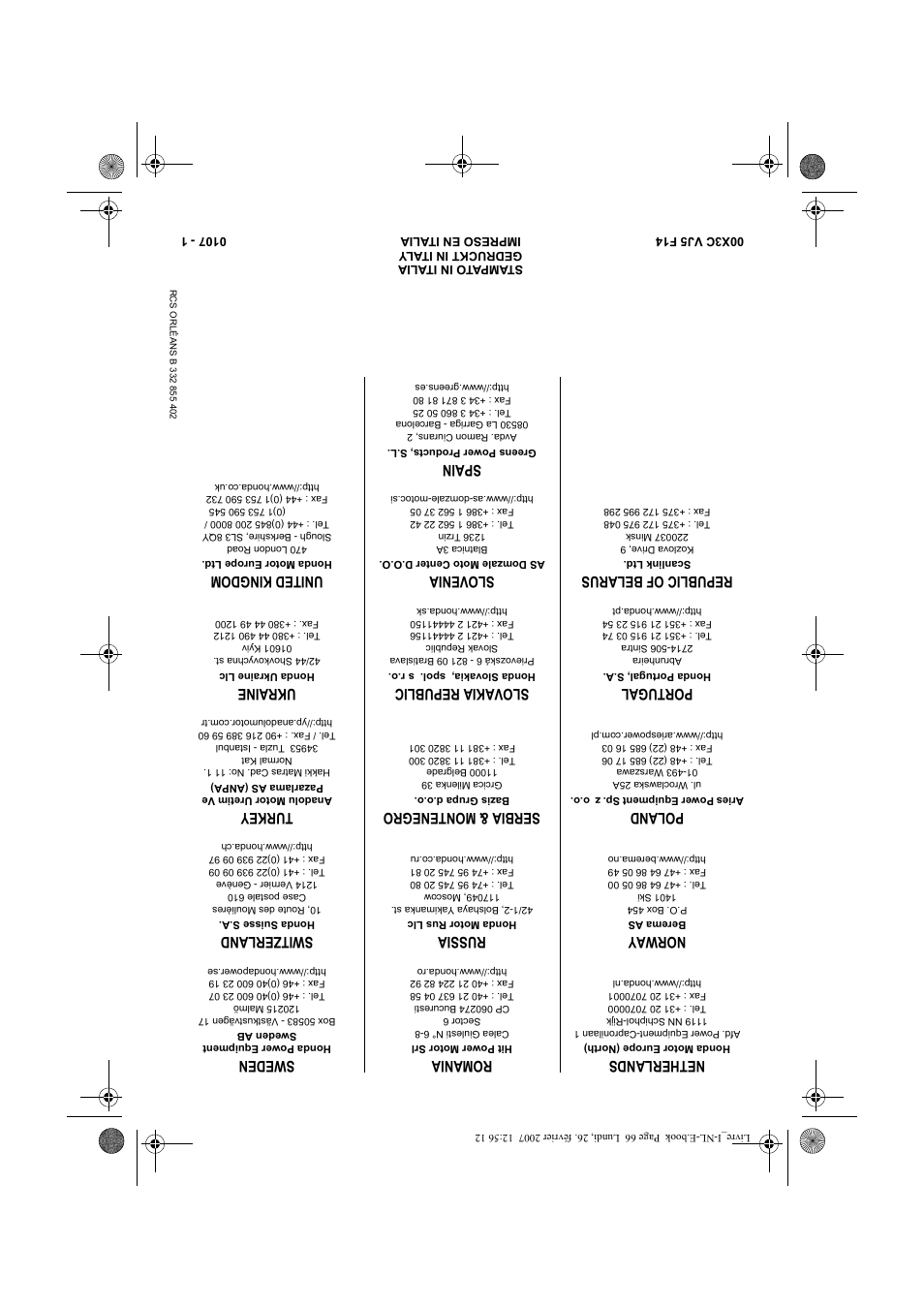 Netherl ands, Norway, Poland | Port ugal, Republic of belaru s, Ro mania, Russia, Serbia & montenegro, Slovakia republic, Sloveni a | HONDA UMK435E User Manual | Page 67 / 67