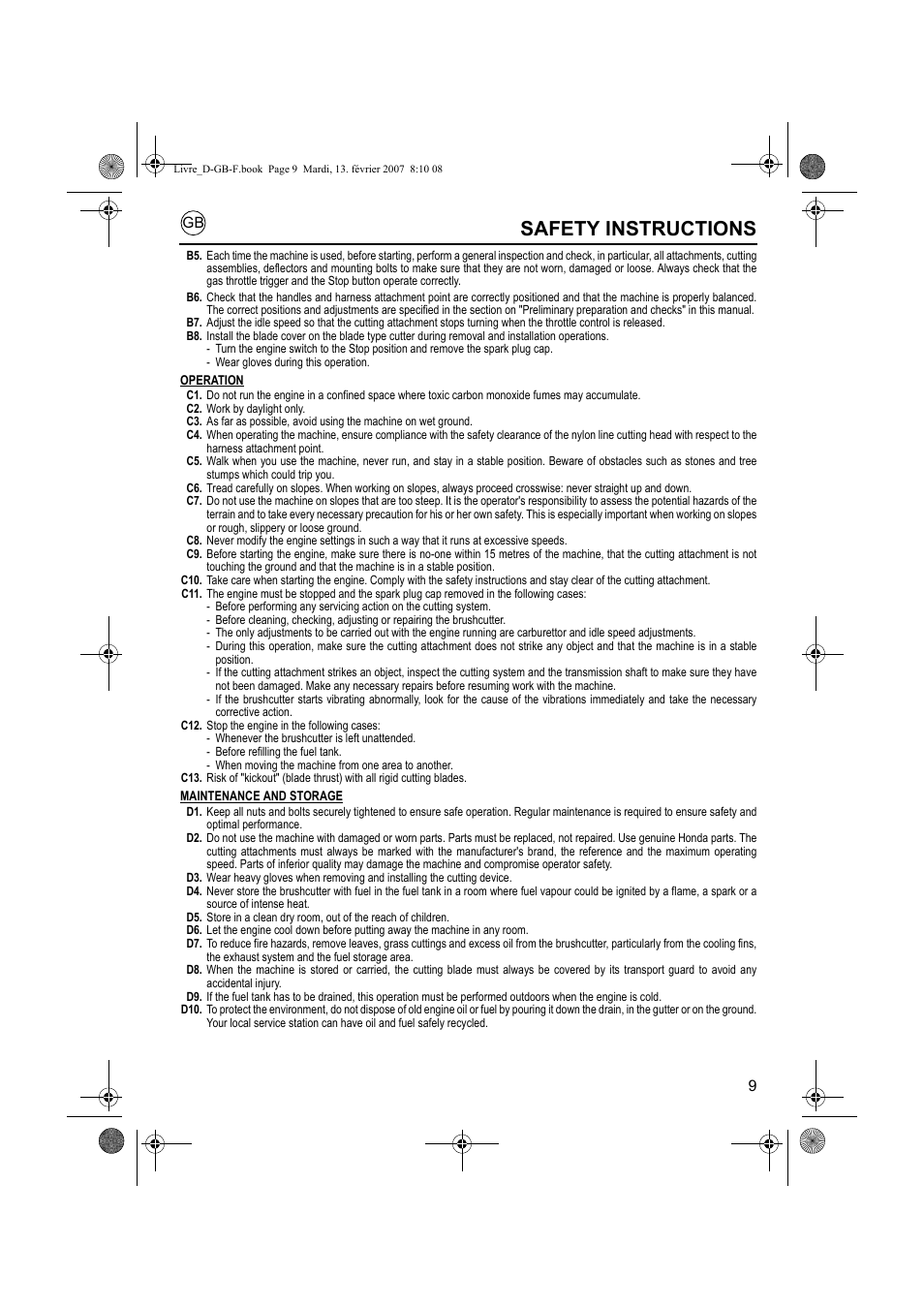 Safety instructions | HONDA UMK435E User Manual | Page 9 / 67